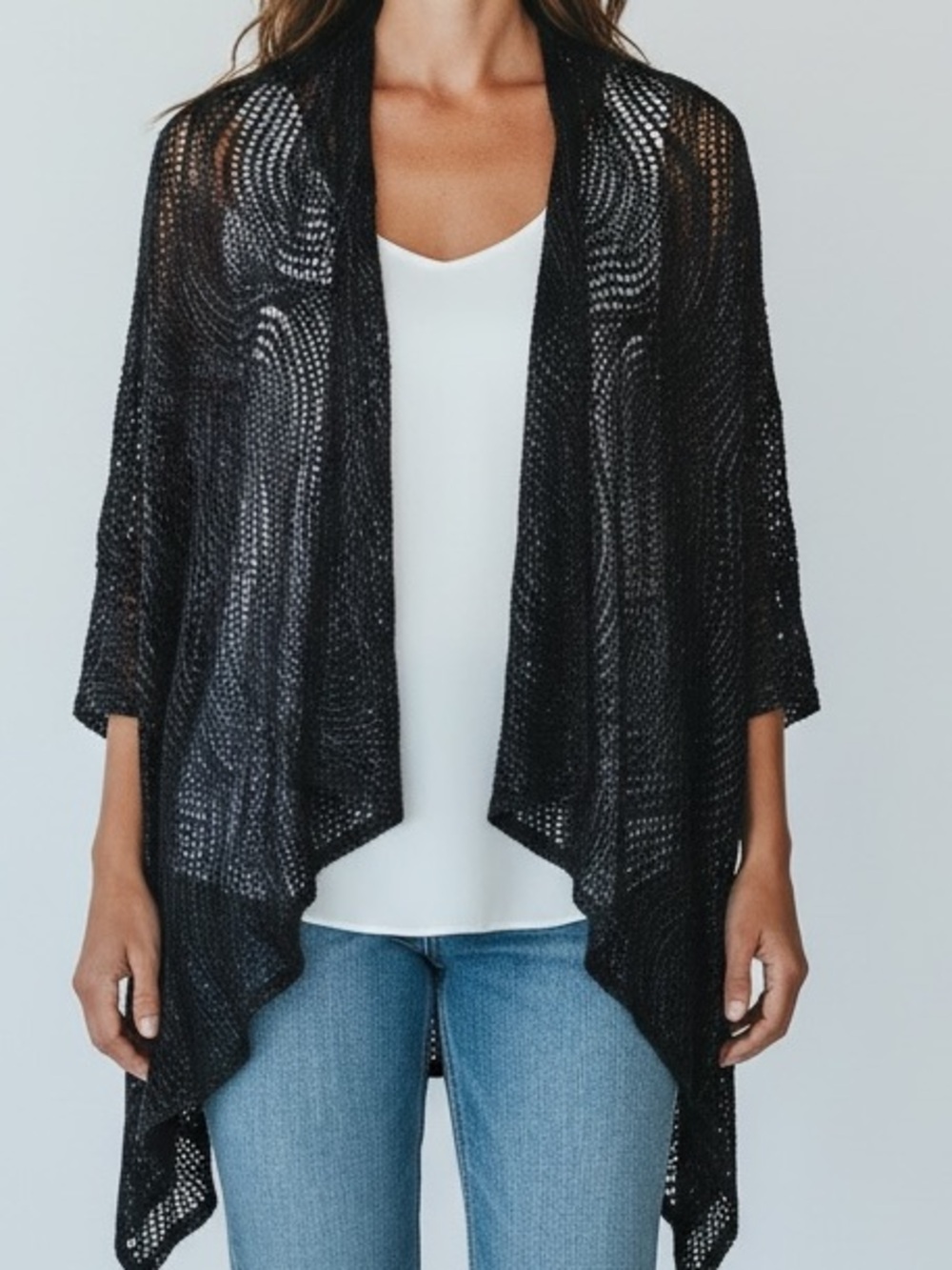 Black Open-Front Crochet Knit Draped Cardigan glittler